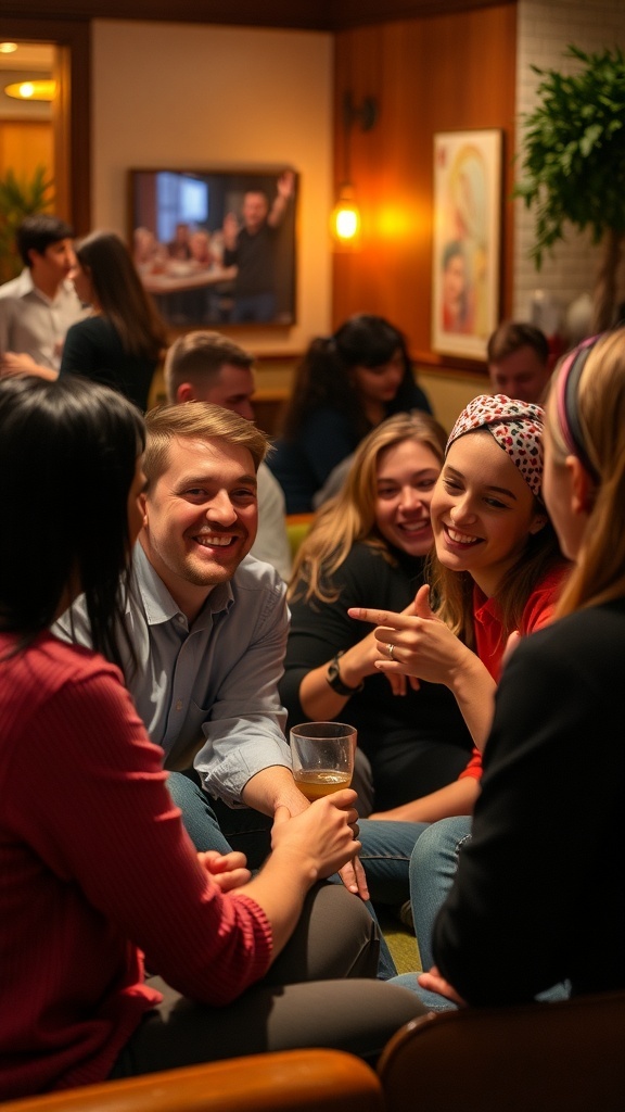 Friends enjoying a lively conversation in a cozy setting.